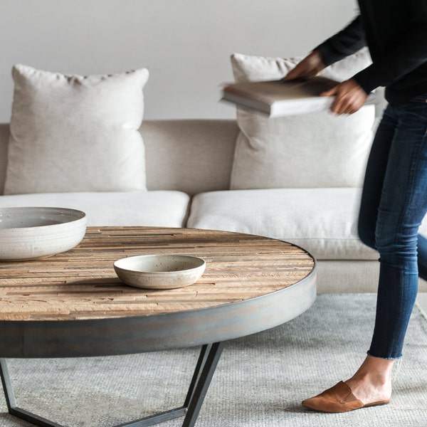 Reclaimed Wood Round Coffee Table, Patchwork Design