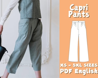 Puede incluir: Un patrón de pantalones Capri descargable digitalmente en tallas XS a 5XL. El patrón está en inglés e incluye un dibujo lineal de los pantalones.