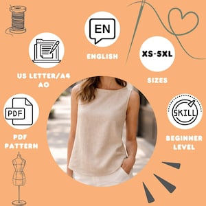 May include: A beige sleeveless top with a rounded hem is featured in this image. The image also includes text that says "English", "XS-5XL", "Sizes", "Beginner Level", and "PDF Pattern".