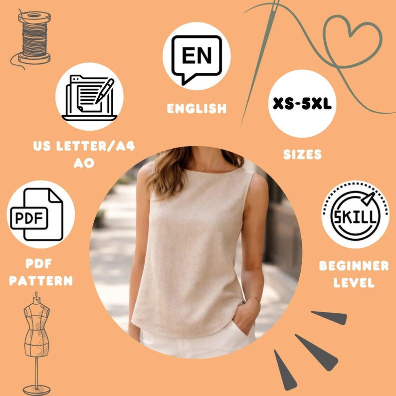 May include: A beige sleeveless top with a rounded hem is featured in this image. The image also includes text that says "English", "XS-5XL", "Sizes", "Beginner Level", and "PDF Pattern".