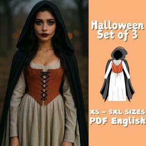 Puede incluir: Una mujer con un disfraz de Halloween que presenta una capa con capucha negra, un corsé color óxido con cordones negros y un vestido largo beige. La imagen incluye el texto "Halloween Set of 3" y "XS - 3XL SIZES PDF English".