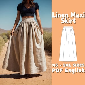 Maxi Linen Skirt Pattern | Women Pockets Cottagecore Skirt PDF Sewing Pattern | Gathered Long Skirt with High Waist Pattern | Easy Skirt