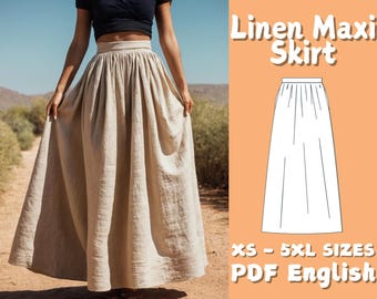 Maxi Linen Skirt Pattern | Women Pockets Cottagecore Skirt PDF Sewing Pattern | Gathered Long Skirt with High Waist Pattern | Easy Skirt