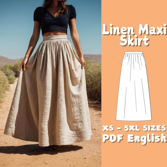 Maxi Linen Skirt Pattern | Women Pockets Cottagecore Skirt PDF Sewing Pattern | Gathered Long Skirt with High Waist Pattern | Easy Skirt