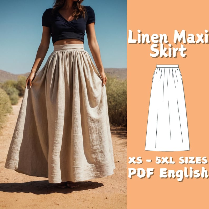 May include: A beige linen maxi skirt with a gathered waistband. The skirt is shown on a model in a desert setting. The text "Linen Maxi Skirt" and "XS - 5XL SIZES PDF English" is visible on the image.
