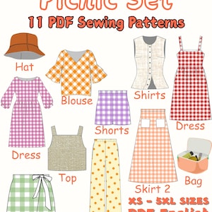 May include: A digital illustration of a picnic set with 11 PDF sewing patterns. The set includes a hat, blouse, shorts, dress, top, skirt, pants, shirts, and a bag. The patterns are available in XS-5XL sizes.