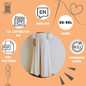 May include: Cream-colored wide-leg pants with a high waist. The image includes text indicating the pattern is available in sizes XS-5XL and is beginner level. Additional icons suggest a PDF pattern and English instructions.