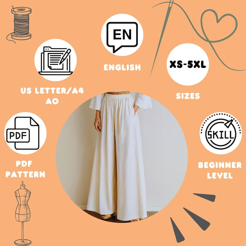 May include: Cream-colored wide-leg pants with a high waist. The image includes text indicating the pattern is available in sizes XS-5XL and is beginner level. Additional icons suggest a PDF pattern and English instructions.