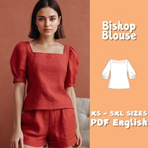 Puede incluir: Una mujer con una blusa Bishop de lino rojo y pantalones cortos a juego. La blusa tiene un escote cuadrado y mangas abullonadas. La imagen también incluye una ilustración de patrón y el texto "Bishop Blouse" y "XS - 5XL SIZES PDF English".