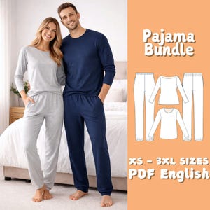 May include: A couple wearing matching pajama sets in gray and navy blue. The gray set includes a long-sleeved top and pants, while the navy set also features a long-sleeved top and pants. The image also shows a pajama pattern with the text "Pajama Bundle".