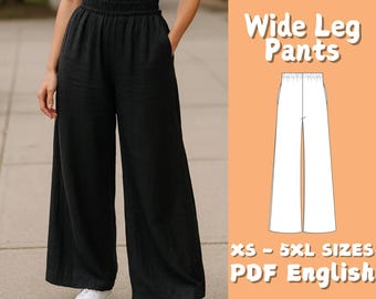 Wide Leg Pants Pattern Elastic Waist Pants Sewing Pattern | Women Palazzo Pants Tutorial | Trousers Pattern