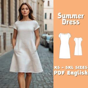 Women Linen Dress with Pockets Pattern, Summer Short Sleeve Dress Sewing Pattern, Sundress Pattern, A Line Dress Beginner Pattern