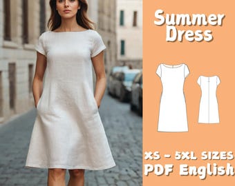 Linen Dress Sewing Pattern with Pockets: Beginner A-Line Sundress (PDF Pattern)