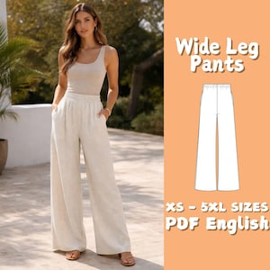 Könnte beinhalten: Eine Frau trägt ein beiges Tanktop und eine cremefarbene Hose mit weitem Bein. Die Hose hat eine lockere Passform und Taschen. Das Bild enthält auch eine Zeichnung der Hose und den Text "Wide Leg Pants" und "XS - 5XL SIZES PDF English."