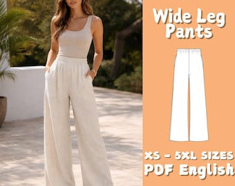 Wide Leg Pants Sewing Pattern Women Loungewear Pockets Trousers Tutorial Elastic Palazzo Pants