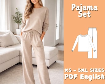 May include: A beige pajama set consisting of a long-sleeved top and wide-leg pants. The top has a crew neck and the pants have a drawstring waist. The image also includes a diagram of the pajama set and the text "Pajama Set" and "XS - 5XL SIZES PDF English".