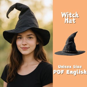 Könnte beinhalten: Ein schwarzer Hexenhut mit breiter Krempe und spitzer Krone. Der Hut ist aus einem strukturierten Stoff gefertigt und hat eine leicht gebogene Spitze. Der Text "Witch Hat", "Unisex Size" und "PDF English" ist ebenfalls enthalten.