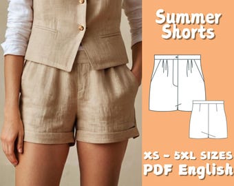 Women Mini Shorts Sewing Pattern High Waist Button Shorts Pattern Summer Pockets Shorts Beginner Pattern, Wide Leg Shorts