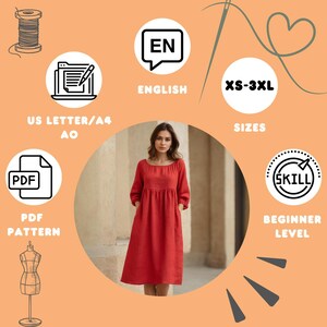 May include: A red linen dress with three-quarter sleeves and pockets. The image includes icons for a PDF pattern, English instructions, and beginner skill level. Sizes range from XS to 3XL. The dress is shown on a model.