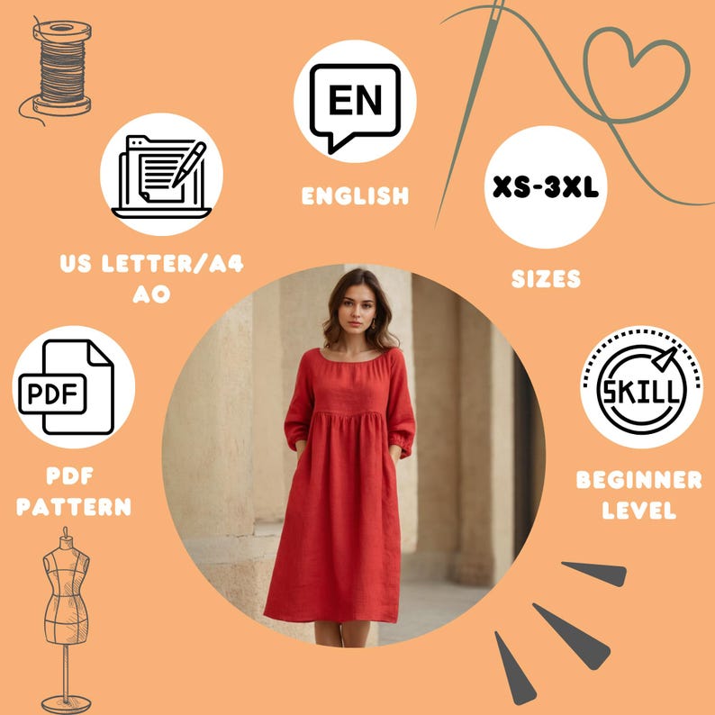 May include: A red linen dress with three-quarter sleeves and pockets. The image includes icons for a PDF pattern, English instructions, and beginner skill level. Sizes range from XS to 3XL. The dress is shown on a model.