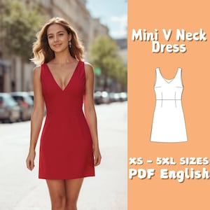 May include: A red mini dress with a deep V-neckline. The dress is sleeveless and has a fitted silhouette. The dress is shown on a model standing on a city street. The text "Mini V Neck Dress" and "XS - 5XL SIZES PDF English" is shown in the image.