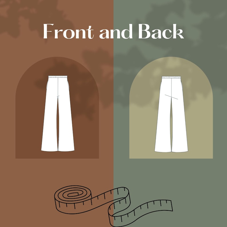 May include: A fashion illustration showing the front and back views of white wide-leg pants. The text "Front and Back" is at the top. A rolled-up measuring tape is at the bottom. The background is divided into brown and green sections.