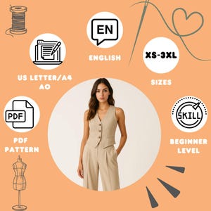 May include: A woman wearing a beige vest and matching pants. The image includes text indicating a PDF pattern, beginner skill level, and sizes XS-3XL. Additional icons suggest English instructions and US Letter/A4 paper compatibility.