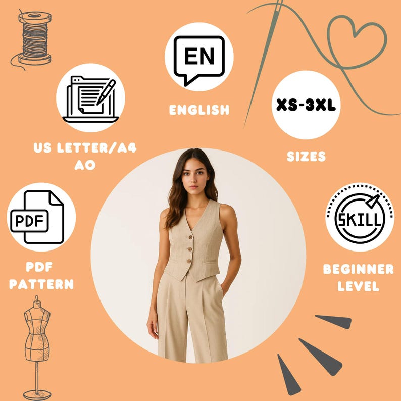 May include: A woman wearing a beige vest and matching pants. The image includes text indicating a PDF pattern, beginner skill level, and sizes XS-3XL. Additional icons suggest English instructions and US Letter/A4 paper compatibility.