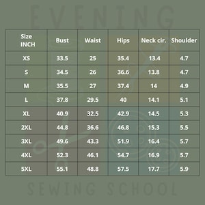 May include: A size chart for sewing projects, with measurements in inches. The chart includes bust, waist, hips, neck circumference, and shoulder measurements for sizes XS to 5XL. The text "EVENING SEWING SCHOOL" is at the top and bottom.