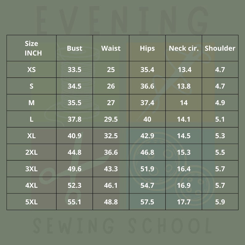 May include: A size chart for sewing projects, with measurements in inches. The chart includes bust, waist, hips, neck circumference, and shoulder measurements for sizes XS to 5XL. The text "EVENING SEWING SCHOOL" is at the top and bottom.