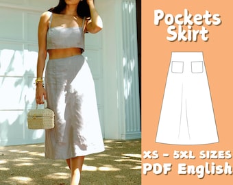 A Line Maxi Skirt Sewing Pattern Linen Skirt with Pockets Pattern - Cottagecore Women's Skirt PDF Sewing Pattern
