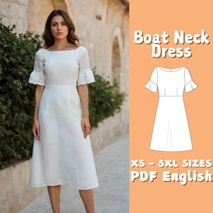 May include: A woman in a white boat neck dress with short, ruffled sleeves. The dress features a fitted bodice and a flared skirt. The image also includes a diagram of the dress and text that reads "Boat Neck Dress" and "XS - 5XL SIZES PDF English."