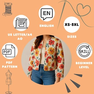 May include: A quilted jacket with a floral pattern in red and yellow. The jacket is open-fronted and has pockets. The image includes text that says "English", "XS-5XL", "PDF Pattern", and "Beginner Level".
