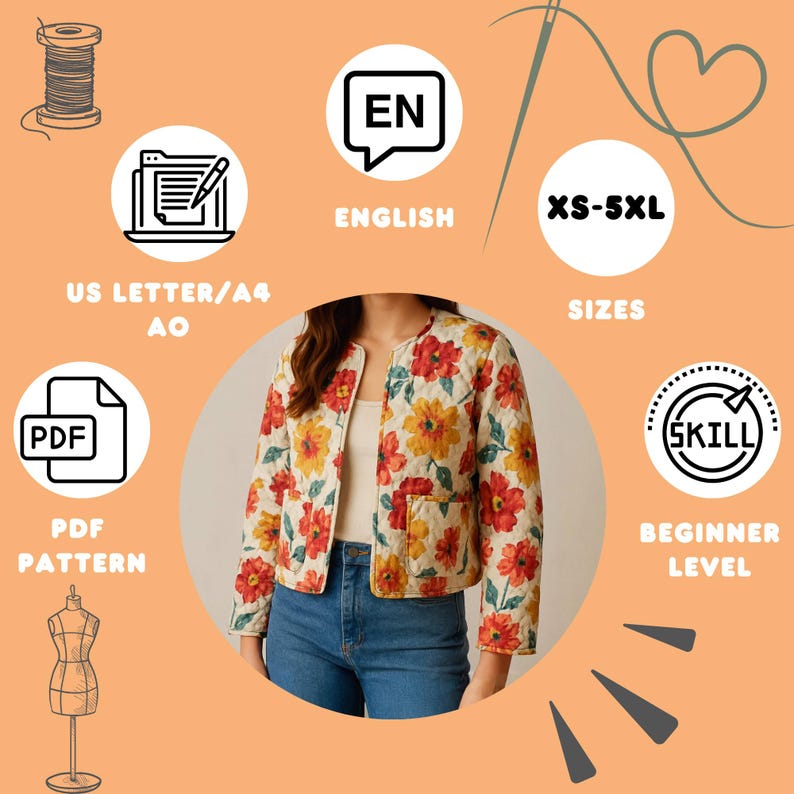 May include: A quilted jacket with a floral pattern in red and yellow. The jacket is open-fronted and has pockets. The image includes text that says "English", "XS-5XL", "PDF Pattern", and "Beginner Level".