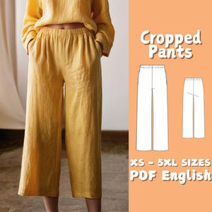 Loungewear Linen Pants Sewing Pattern | Elastic Waist Pockets Pants PDF Pattern | Summer Cropped Loose Trousers Beginner Pattern