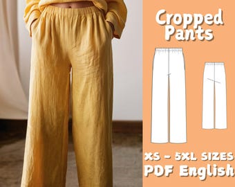 Linen Loungewear Pants Sewing Pattern: Elastic Waist Crop Trousers (PDF Pattern)