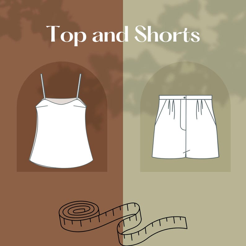 Pu&ograve; includere: Top bianco con spalline sottili e pantaloncini bianchi abbinati. L'immagine include il testo "Top and Shorts" e un metro a nastro. Il top e i pantaloncini sono visualizzati in cornici ad arco separate su uno sfondo marrone e verde.