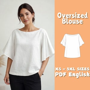 Mönster för överdimensionerad blus, dam, boxigt linne med utsvängd ärm, mönster för direkt nedladdning