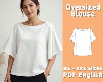 Oversized Blouse Sewing Pattern Women Boxy Tank Top with Flare Sleeve Pattern Instant Download