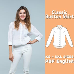 Women Button Blouse Sewing Pattern, Long Sleeve Classic T Shirt Pattern, Collared Blouse Top Sewing Pattern, Beginner Pattern