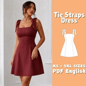 Peut inclure: Une robe sans manches rouge foncé avec des bretelles à nouer sur les épaules, un corsage ajusté et une jupe évasée en ligne A. L'image contient le texte Tie Straps Dress, XS - 5XL SIZES, PDF English et un dessin au trait blanc.