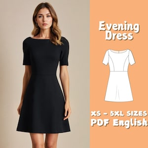 Simple Mini Dress Sewing Pattern Boat Neck Cocktail Dress Beginner Sewing Pattern, Summer A line Dress with Short Sleeve Sewing Pattern
