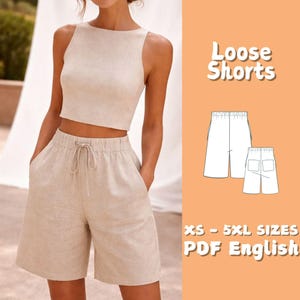 Mönster för linneshorts, trendiga boxiga shorts med resår i midjan, XS-5XL