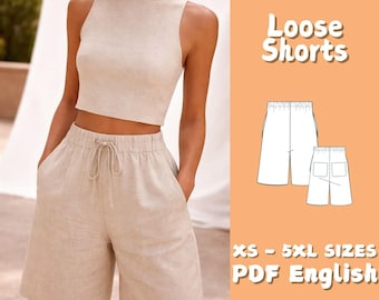 Cartamodello per pantaloncini di lino da donna, modello boxy alla moda con elastico in vita, taglie dalla XS alla 5XL.