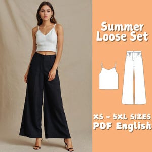 Summer Linen Set Sewing Pattern | Loungewear Palazzo Pants and Straps Top Pattern | Casual Wide Leg Pants Pattern | V Neck Tank Top