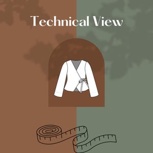 May include: A technical illustration of a white wrap top with long sleeves and a tie closure. The text "Technical View" is at the top. A measuring tape is at the bottom. The background is split between brown and green.