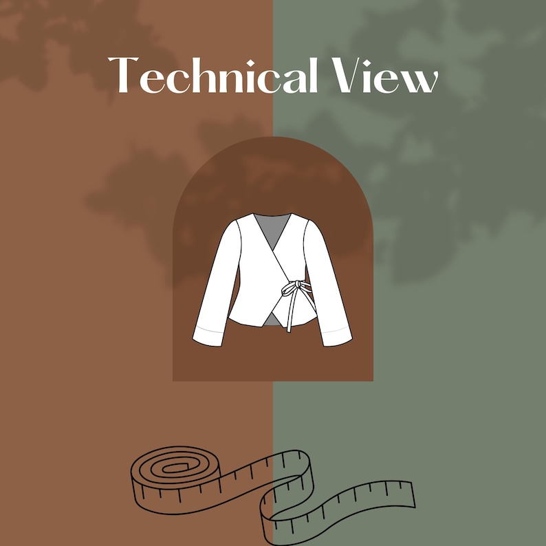 May include: A technical illustration of a white wrap top with long sleeves and a tie closure. The text "Technical View" is at the top. A measuring tape is at the bottom. The background is split between brown and green.