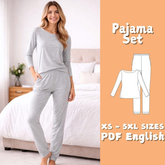 Women Pajama Set Sewing Pattern Blouse and Pants PJ Sleepwear PDF Beginner Tutorial