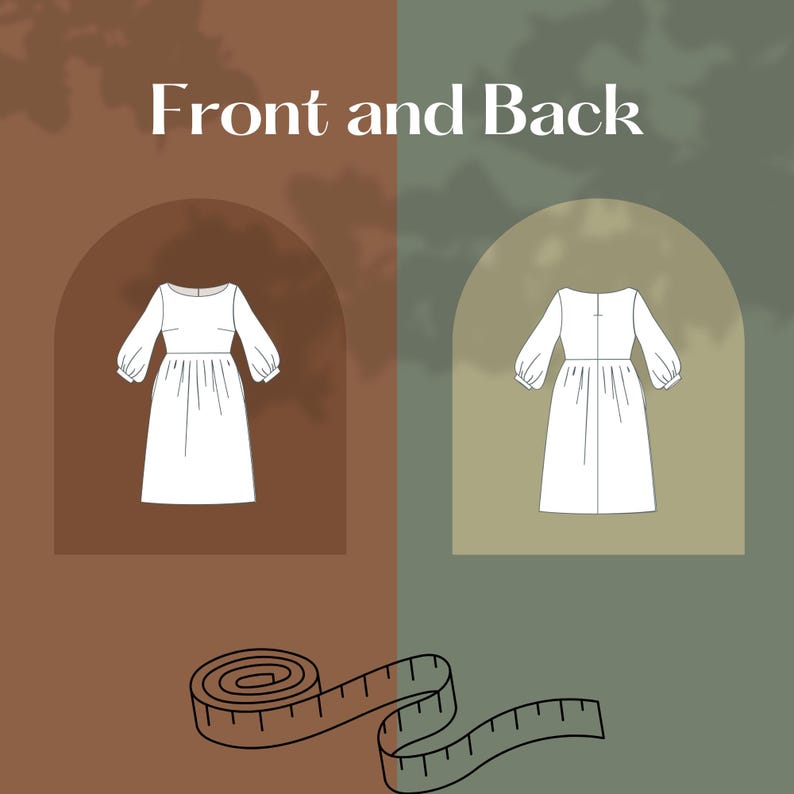 May include: A white dress pattern illustration showing the front and back views. The dress features long, puffy sleeves and a gathered waist. A measuring tape is at the bottom. The text "Front and Back" is at the top.