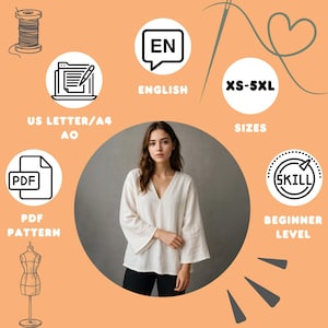Op de afbeelding: Een vrouw draagt een cr&egrave;mekleurige V-hals blouse met klokmouwen. De afbeelding bevat pictogrammen voor een PDF-patroon, Engelse instructies en maten XS-5XL. Het vaardigheidsniveau is beginner.